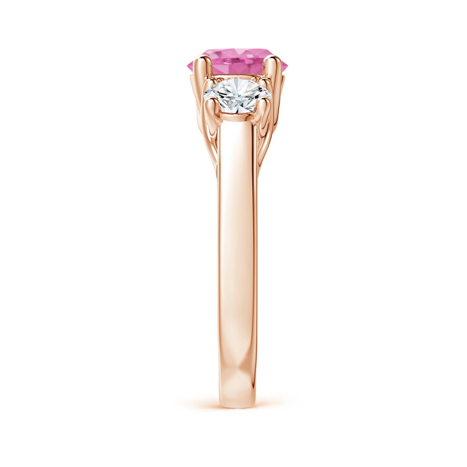 7mm AA Classic Round Pink Sapphire and Diamond Three Stone Ring in Rose Gold side 2