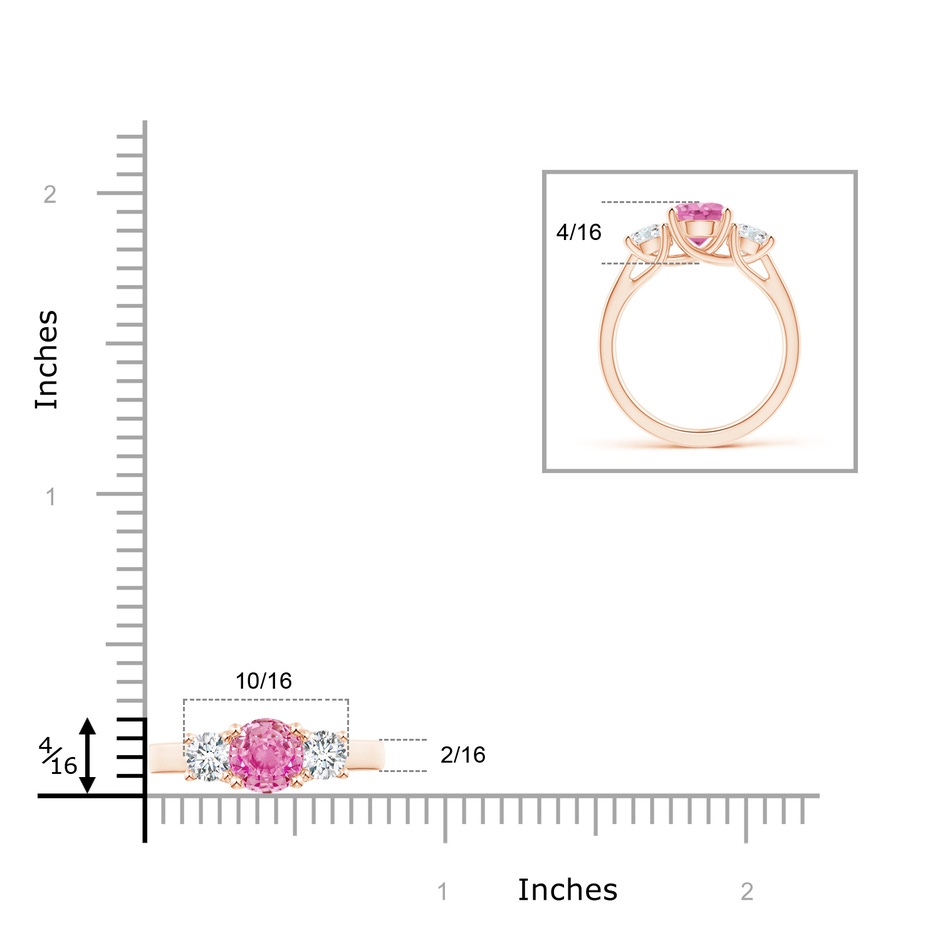 7mm AA Classic Round Pink Sapphire and Diamond Three Stone Ring in Rose Gold ruler