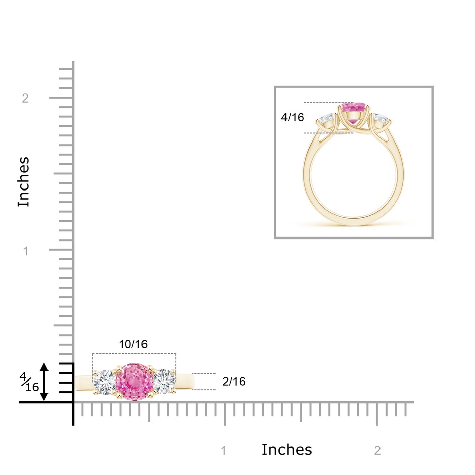 7mm AA Classic Round Pink Sapphire and Diamond Three Stone Ring in Yellow Gold ruler