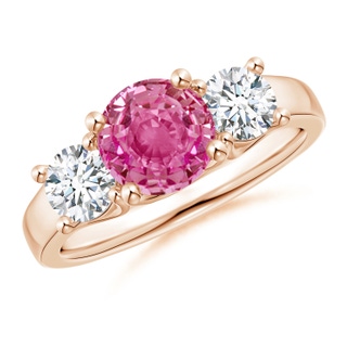 7mm AAA Classic Round Pink Sapphire and Diamond Three Stone Ring in Rose Gold