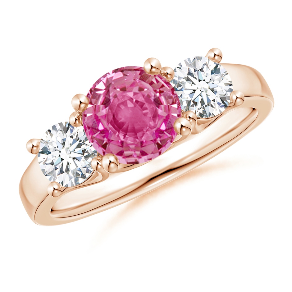 7mm AAA Classic Round Pink Sapphire and Diamond Three Stone Ring in Rose Gold 