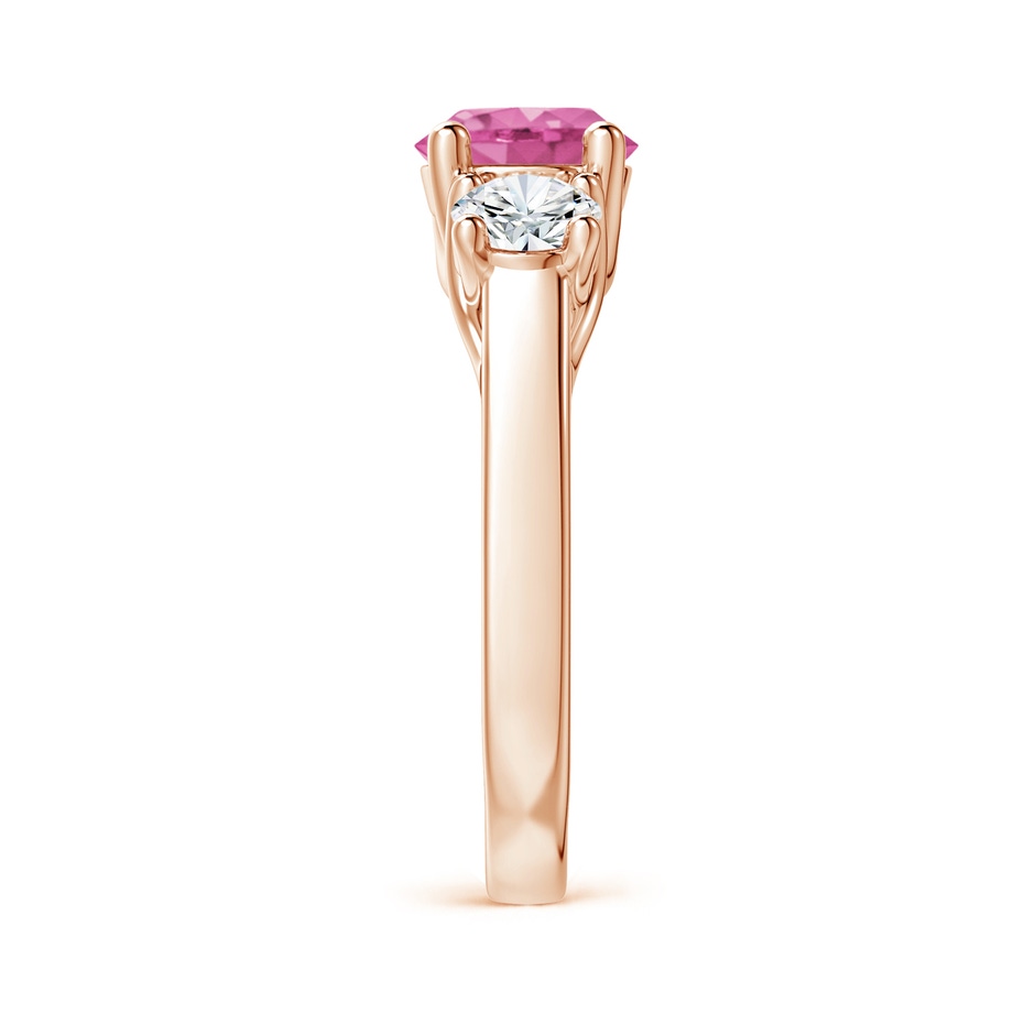 7mm AAA Classic Round Pink Sapphire and Diamond Three Stone Ring in Rose Gold side 2