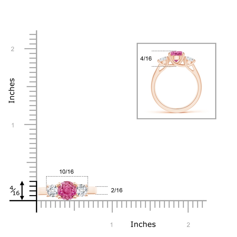 7mm AAA Classic Round Pink Sapphire and Diamond Three Stone Ring in Rose Gold ruler