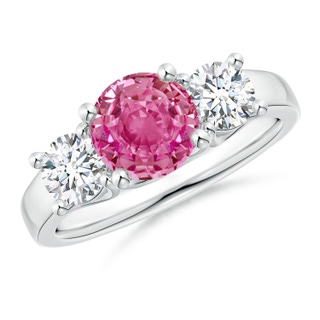 7mm AAA Classic Round Pink Sapphire and Diamond Three Stone Ring in S999 Silver