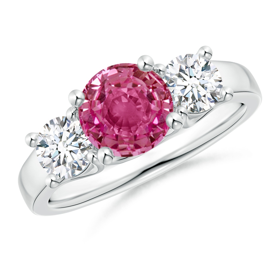 7mm AAAA Classic Round Pink Sapphire and Diamond Three Stone Ring in P950 Platinum 