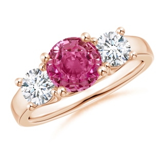 7mm AAAA Classic Round Pink Sapphire and Diamond Three Stone Ring in Rose Gold