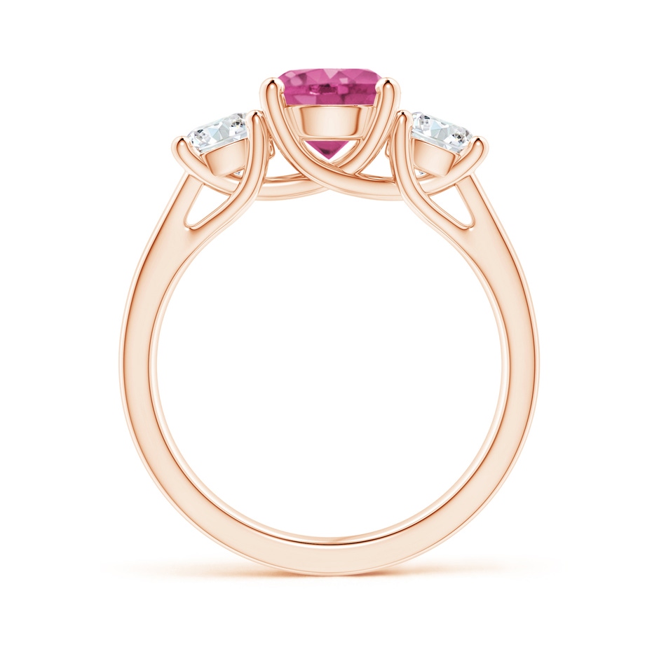7mm AAAA Classic Round Pink Sapphire and Diamond Three Stone Ring in Rose Gold side 1