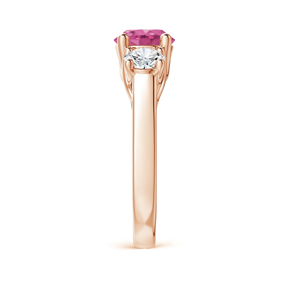 7mm AAAA Classic Round Pink Sapphire and Diamond Three Stone Ring in Rose Gold side 2