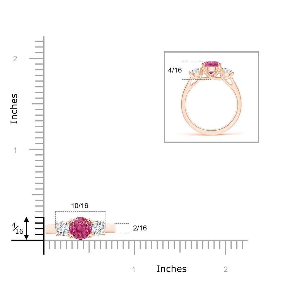 7mm AAAA Classic Round Pink Sapphire and Diamond Three Stone Ring in Rose Gold ruler