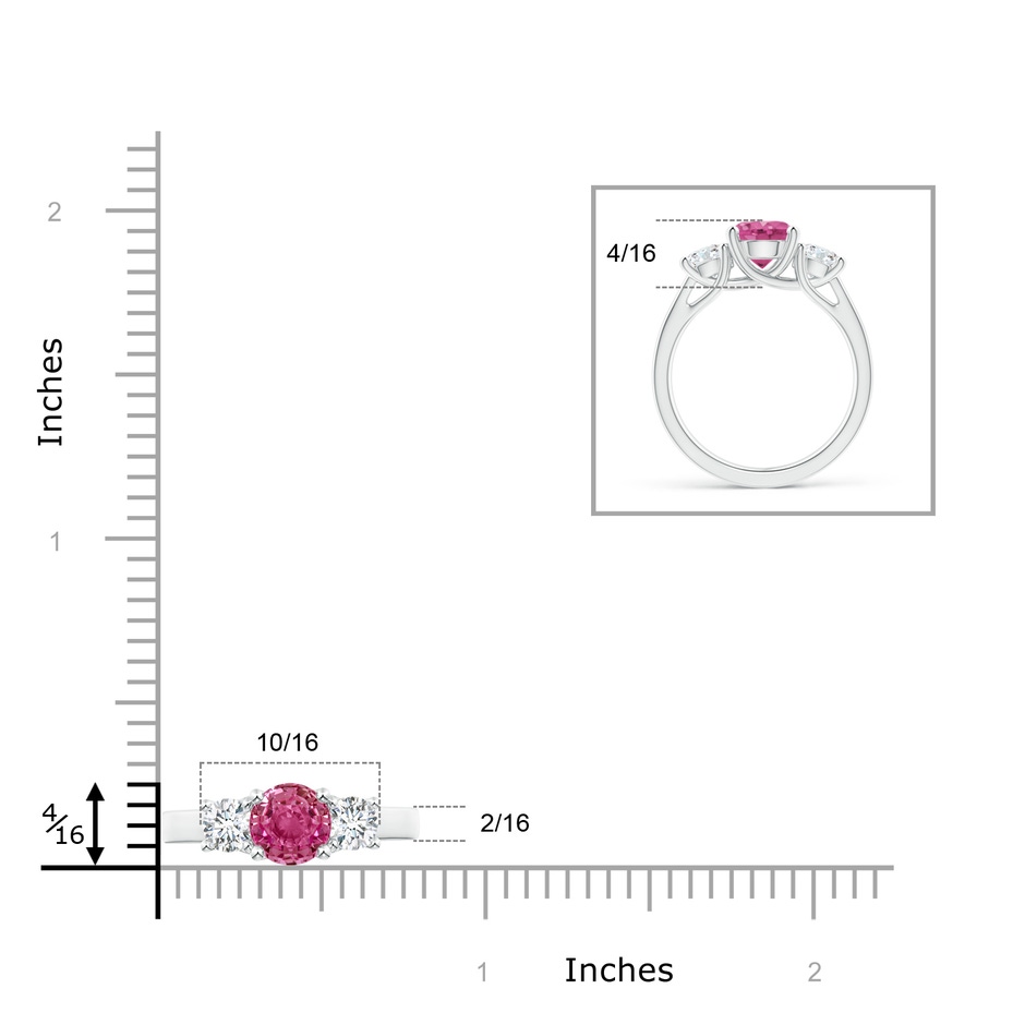 7mm AAAA Classic Round Pink Sapphire and Diamond Three Stone Ring in S999 Silver ruler