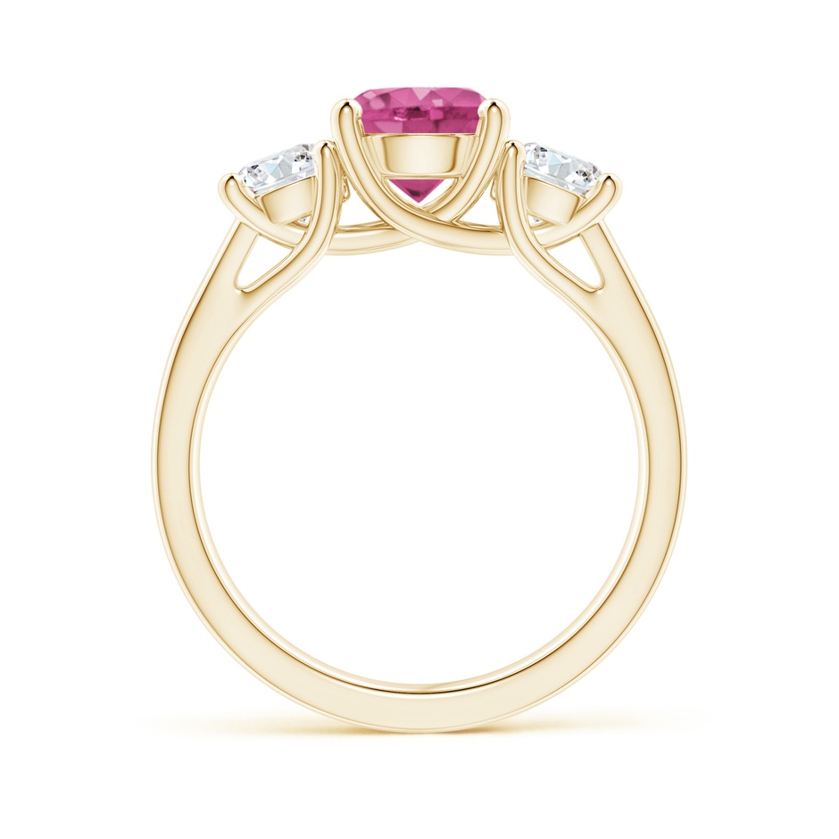 7mm AAAA Classic Round Pink Sapphire and Diamond Three Stone Ring in Yellow Gold side 1
