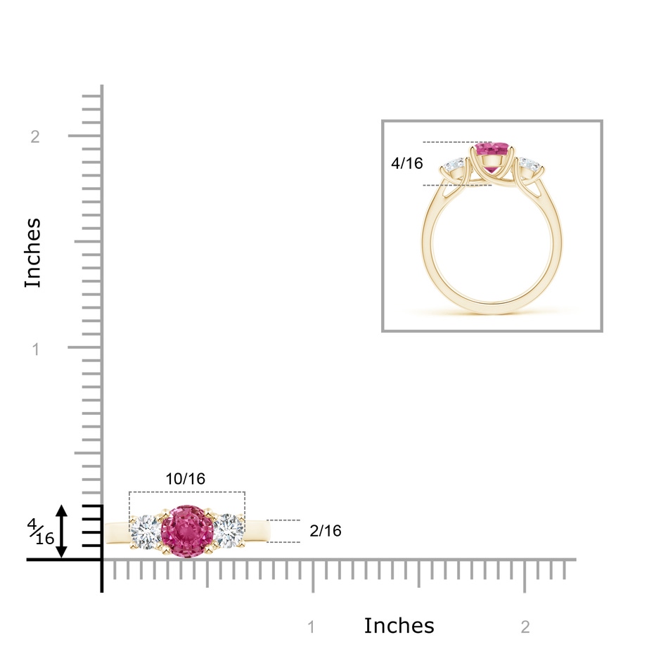 7mm AAAA Classic Round Pink Sapphire and Diamond Three Stone Ring in Yellow Gold ruler