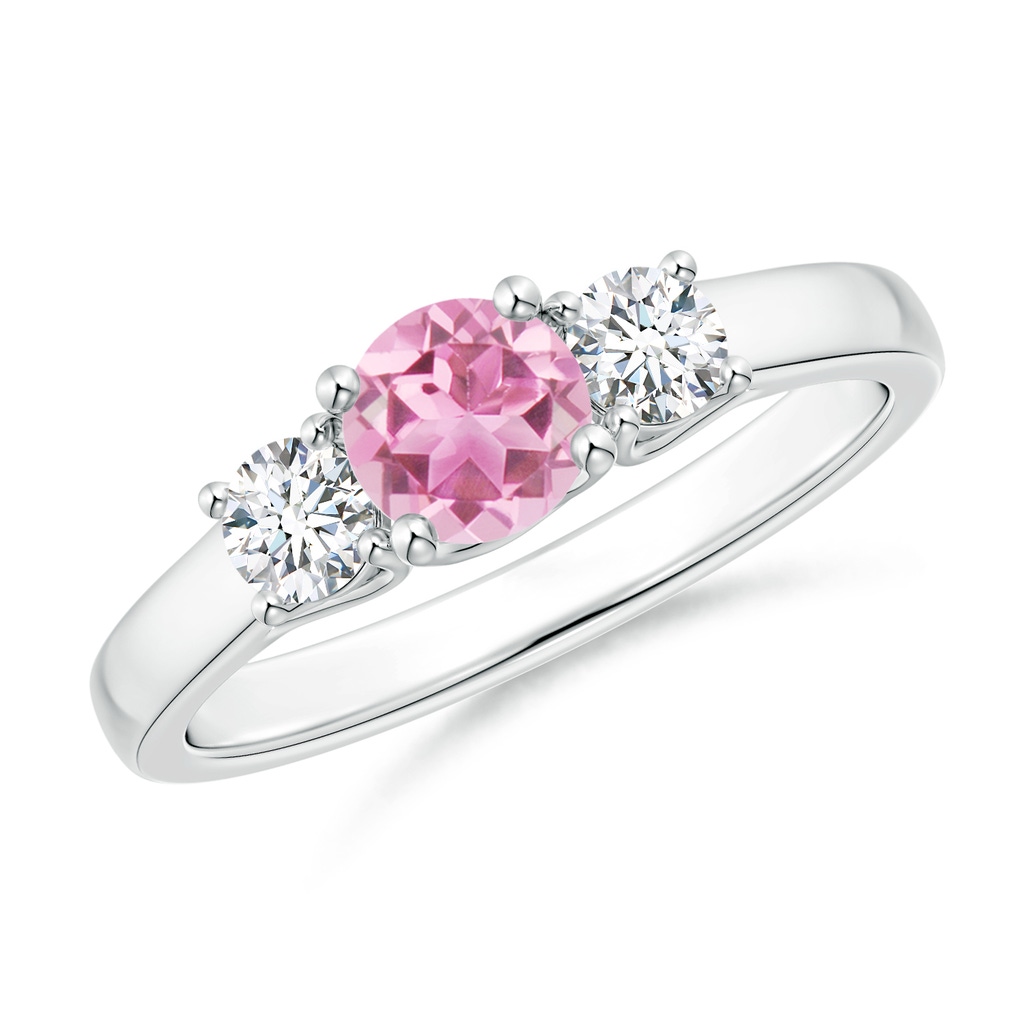 5mm AA Classic Round Pink Tourmaline and Diamond Three Stone Ring in White Gold