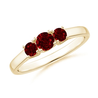 4mm AAAA Classic Round Ruby Three Stone Ring in Yellow Gold