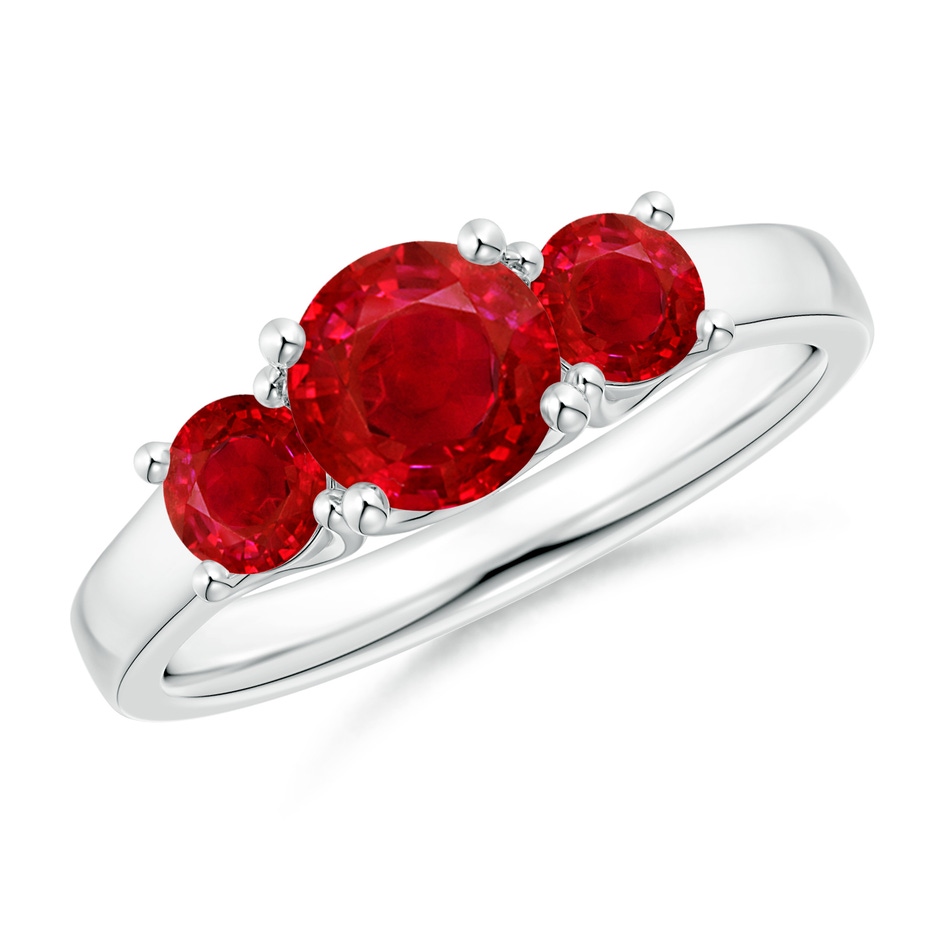 6mm AAA Classic Round Ruby Three Stone Ring in White Gold 