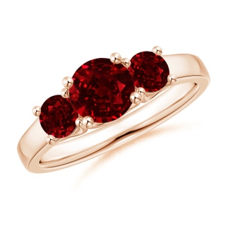 6mm AAAA Classic Round Ruby Three Stone Ring in Rose Gold