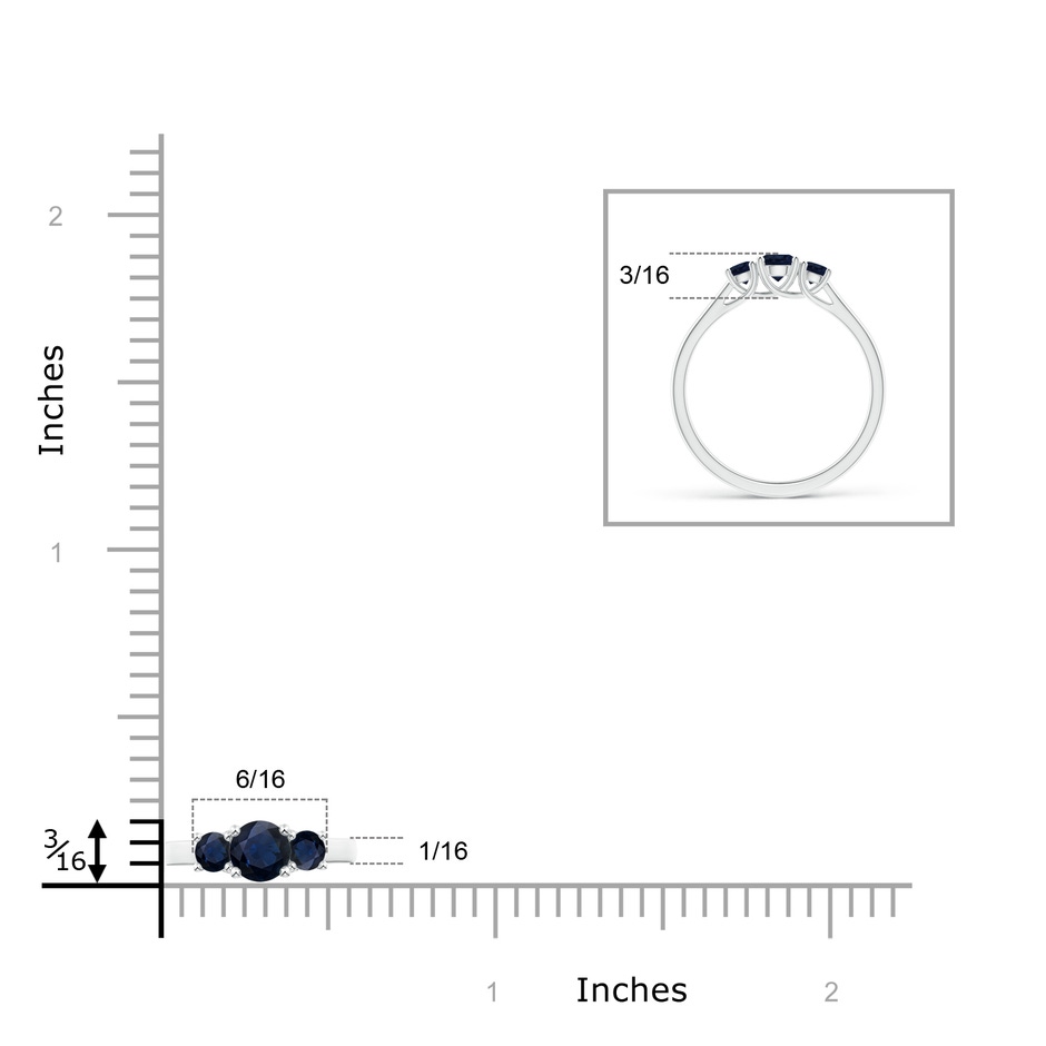 4mm A Classic Round Sapphire Three Stone Ring in White Gold ruler