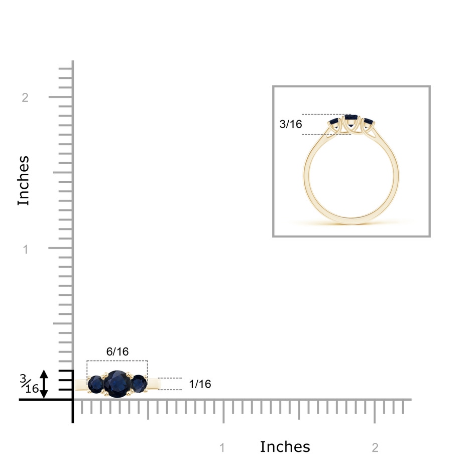 4mm A Classic Round Sapphire Three Stone Ring in Yellow Gold ruler