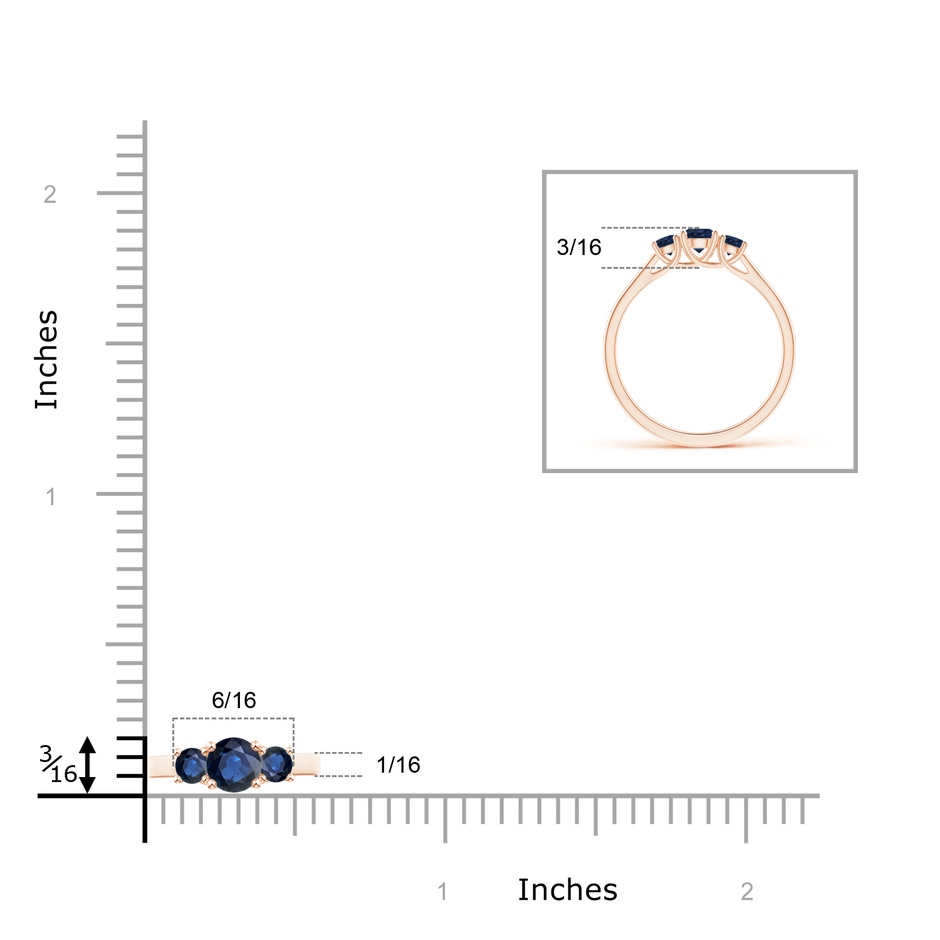 4mm AA Classic Round Sapphire Three Stone Ring in Rose Gold ruler
