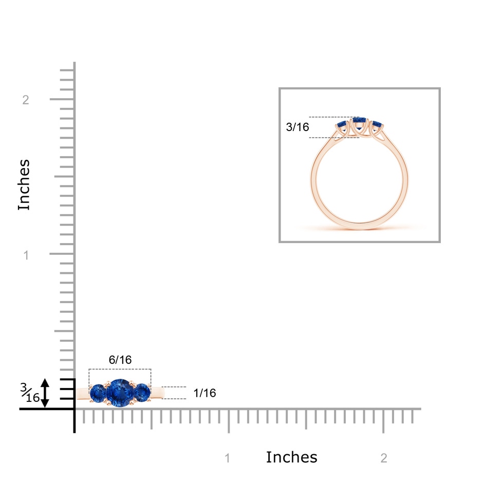 4mm AAA Classic Round Sapphire Three Stone Ring in Rose Gold ruler