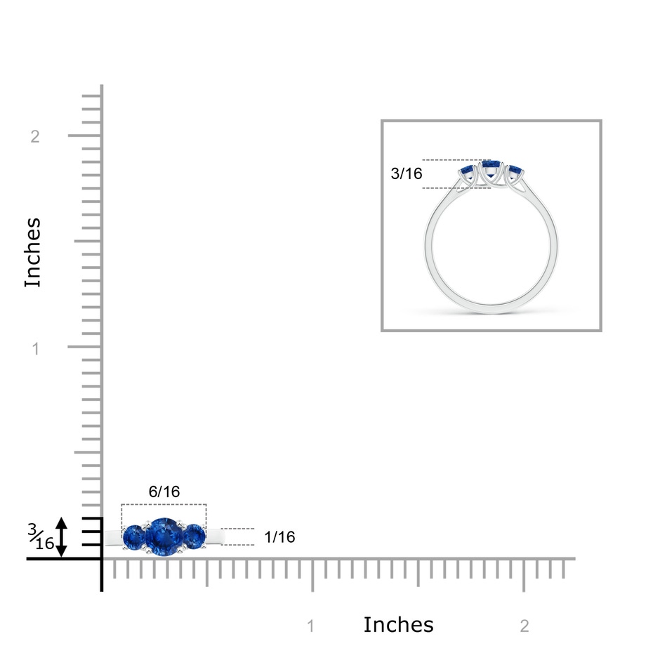 4mm AAA Classic Round Sapphire Three Stone Ring in White Gold ruler