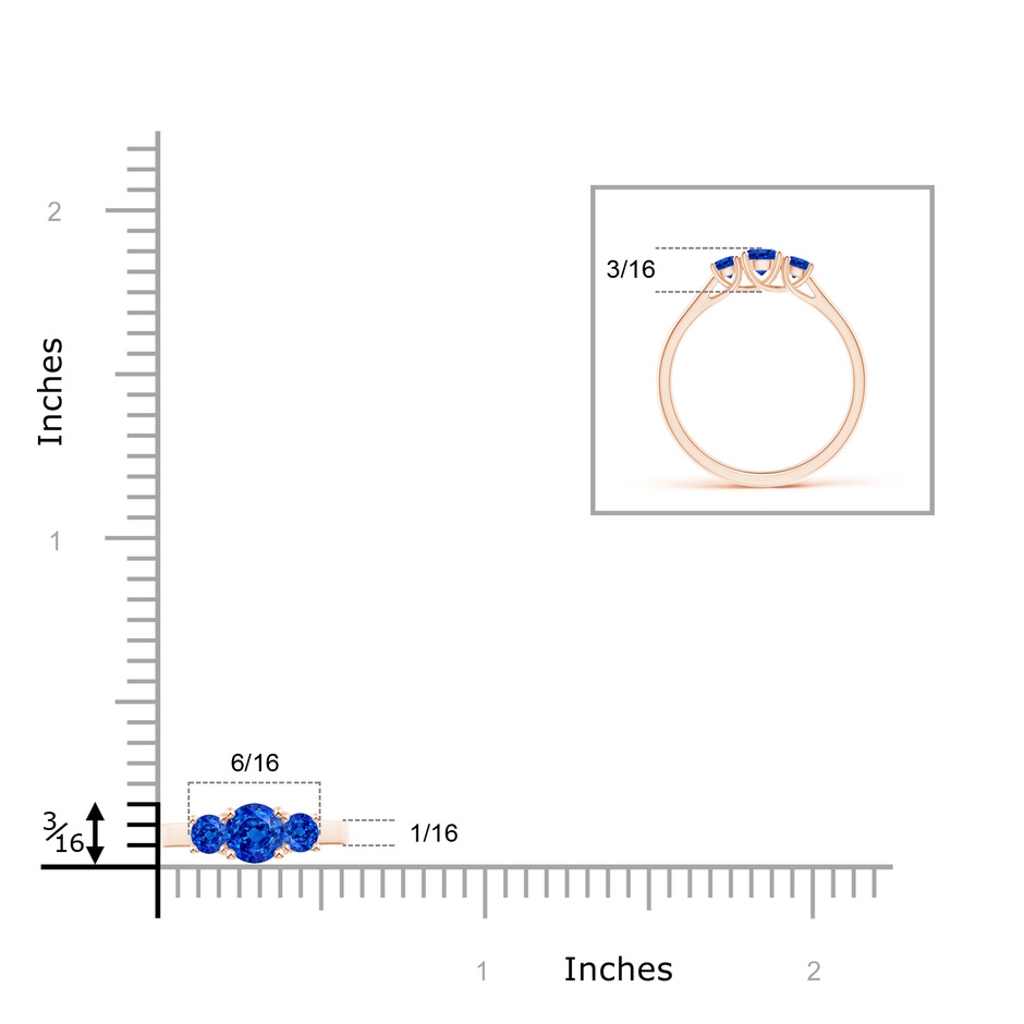 4mm AAAA Classic Round Sapphire Three Stone Ring in Rose Gold ruler