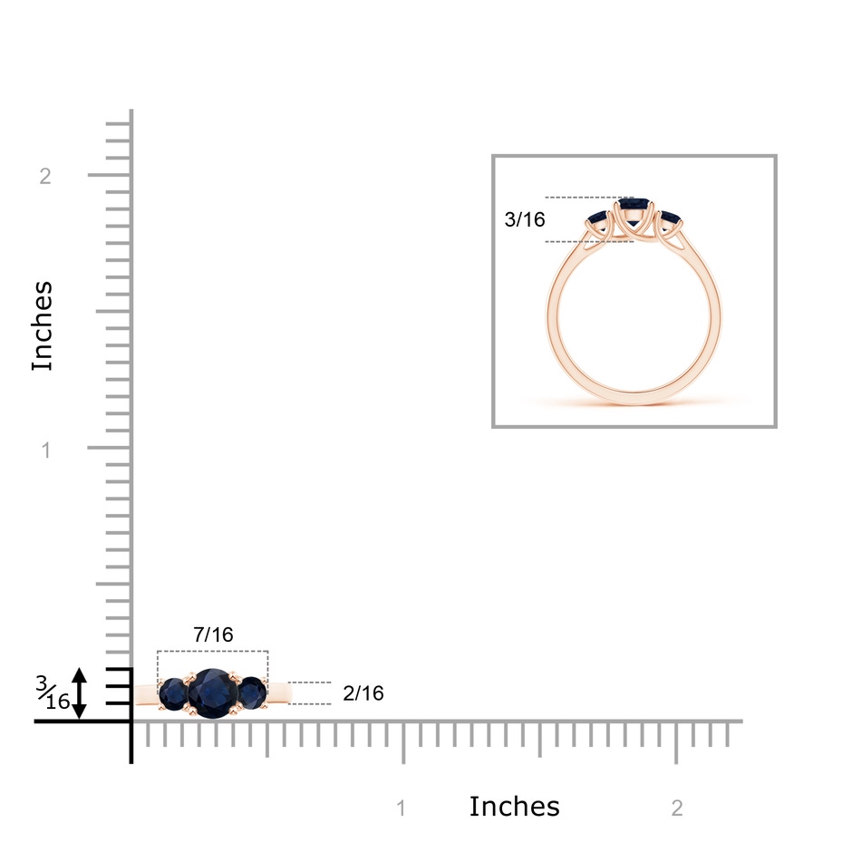 5mm A Classic Round Sapphire Three Stone Ring in Rose Gold ruler