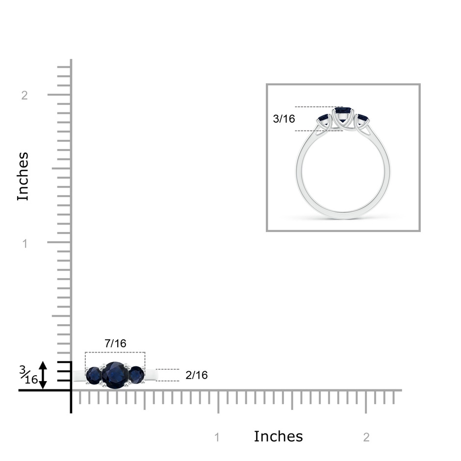 5mm A Classic Round Sapphire Three Stone Ring in White Gold ruler