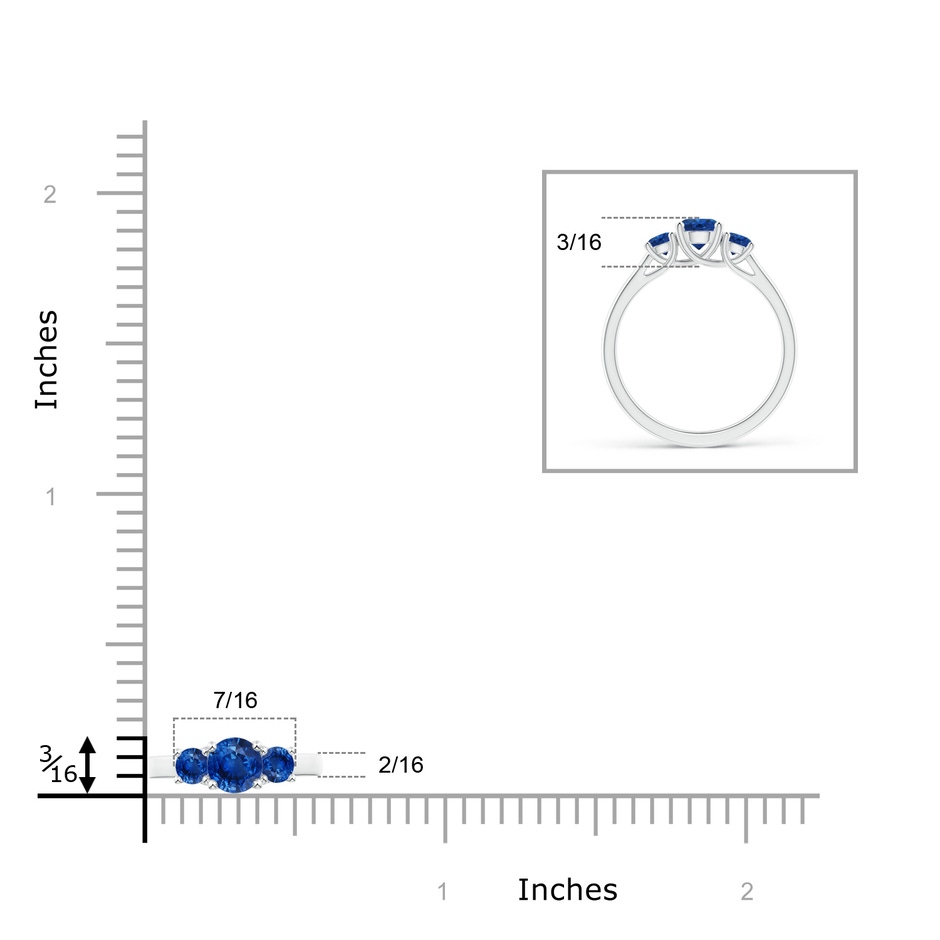 5mm AAA Classic Round Sapphire Three Stone Ring in White Gold ruler