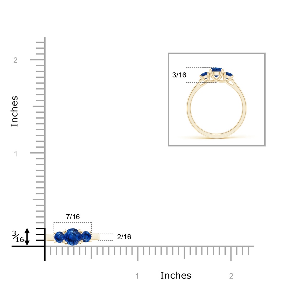 5mm AAA Classic Round Sapphire Three Stone Ring in Yellow Gold ruler