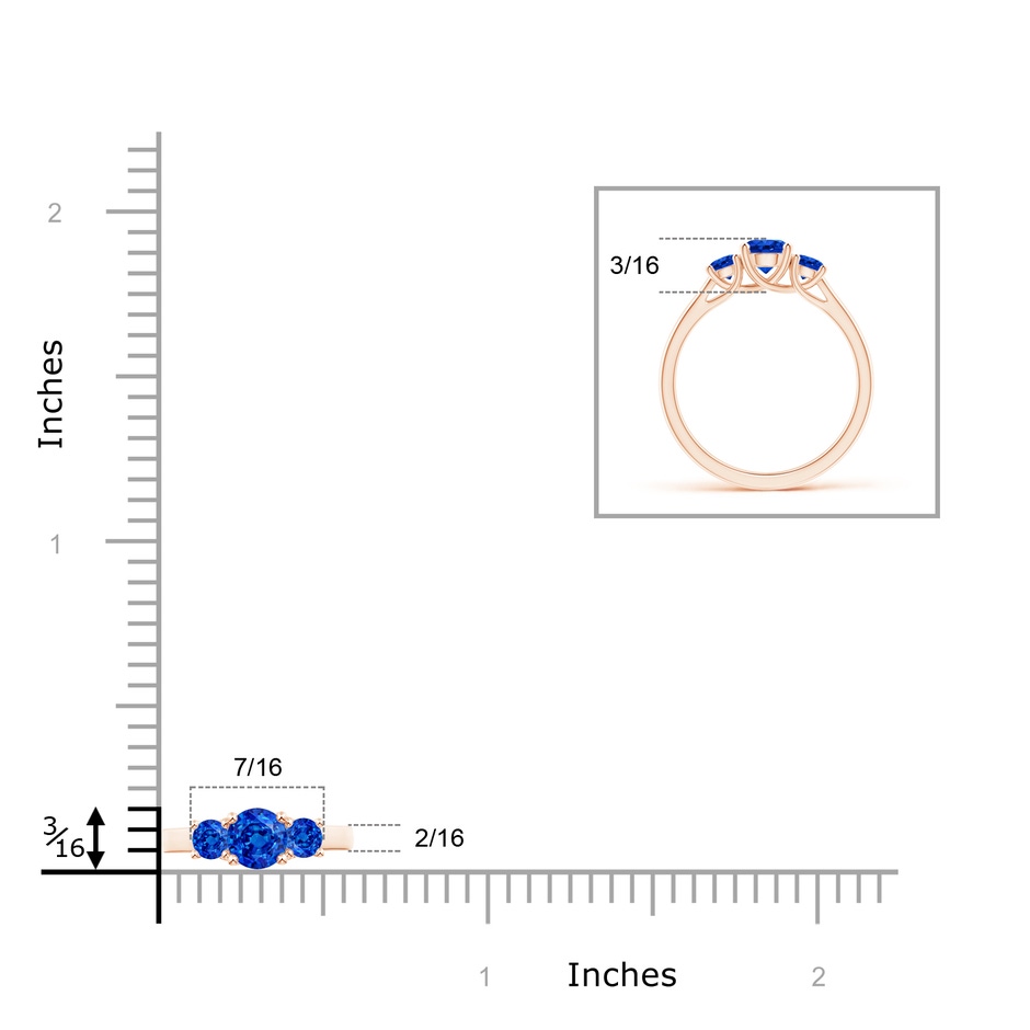 5mm AAAA Classic Round Sapphire Three Stone Ring in Rose Gold ruler