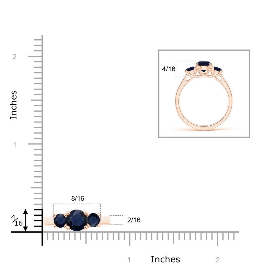 6mm A Classic Round Sapphire Three Stone Ring in Rose Gold ruler