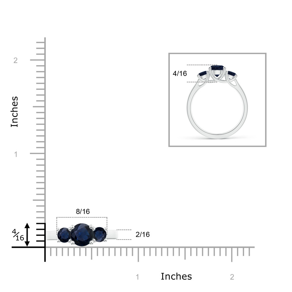 6mm A Classic Round Sapphire Three Stone Ring in White Gold ruler