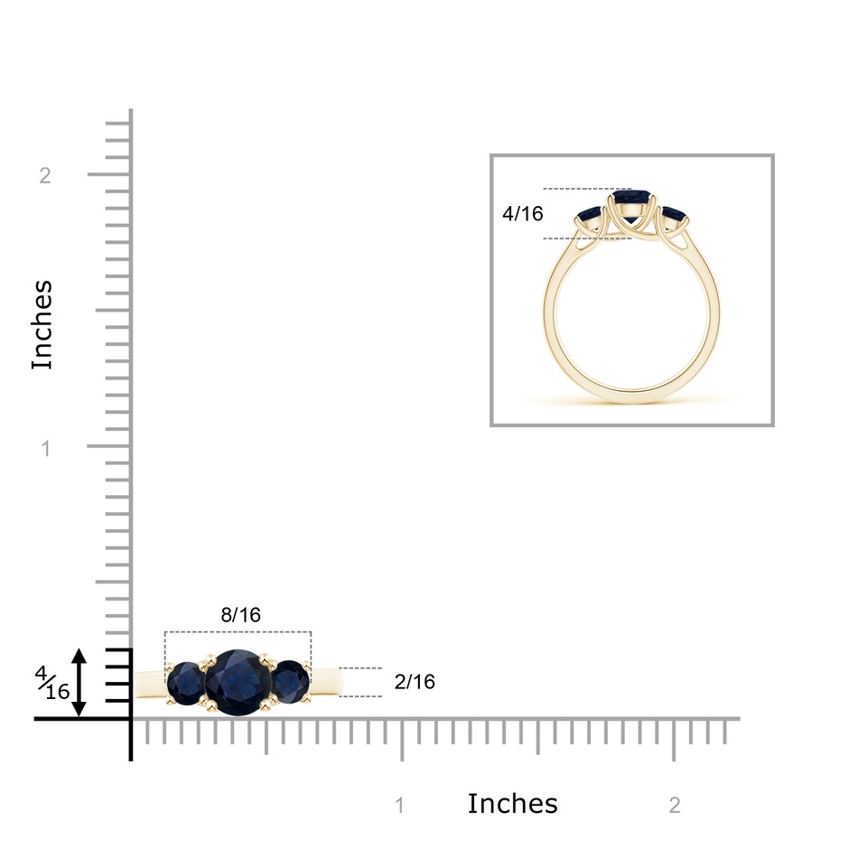 6mm A Classic Round Sapphire Three Stone Ring in Yellow Gold ruler