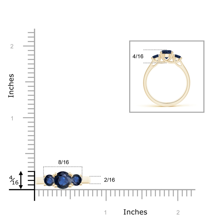6mm AA Classic Round Sapphire Three Stone Ring in Yellow Gold ruler
