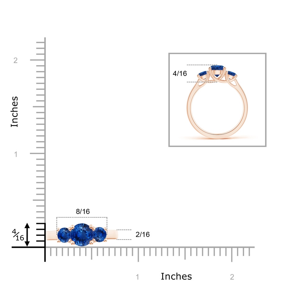 6mm AAA Classic Round Sapphire Three Stone Ring in Rose Gold ruler