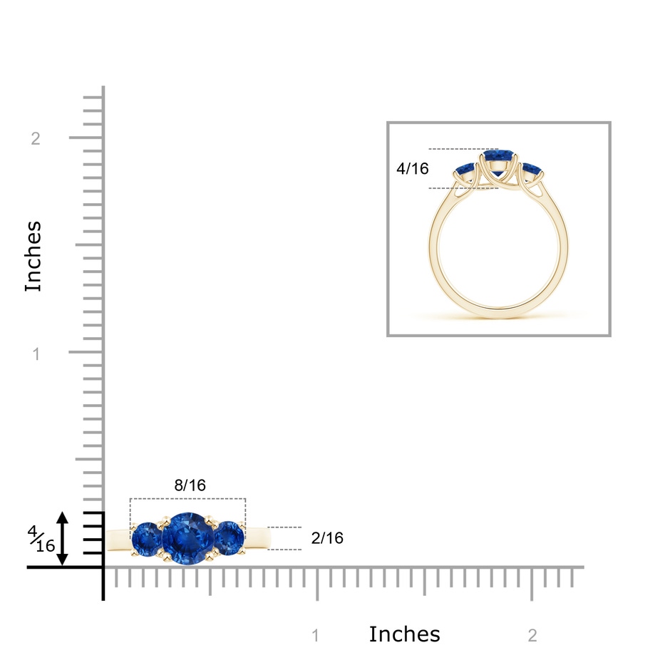 6mm AAA Classic Round Sapphire Three Stone Ring in Yellow Gold ruler