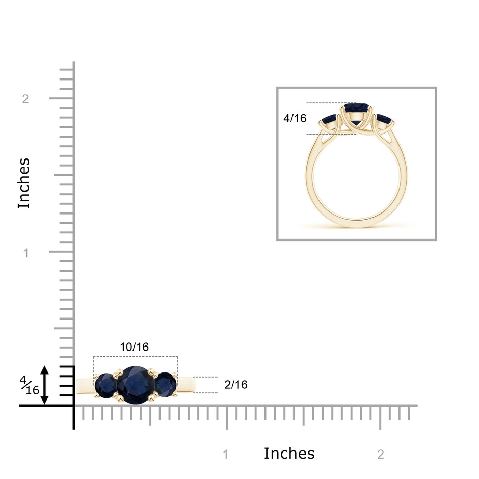 7mm A Classic Round Sapphire Three Stone Ring in Yellow Gold ruler