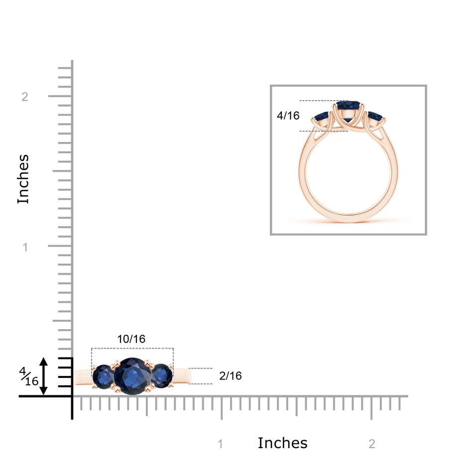 7mm AA Classic Round Sapphire Three Stone Ring in Rose Gold ruler