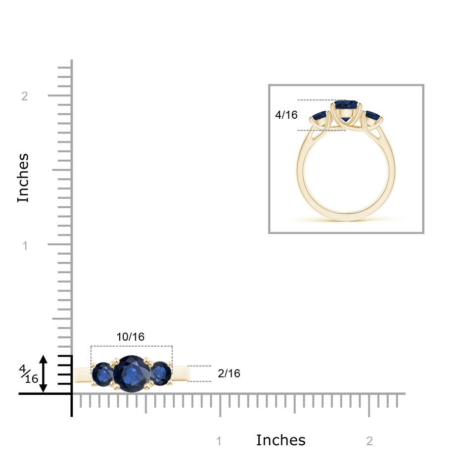 7mm AA Classic Round Sapphire Three Stone Ring in Yellow Gold ruler