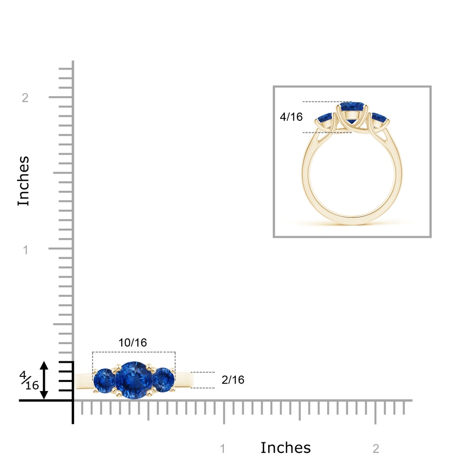 7mm AAA Classic Round Sapphire Three Stone Ring in Yellow Gold ruler