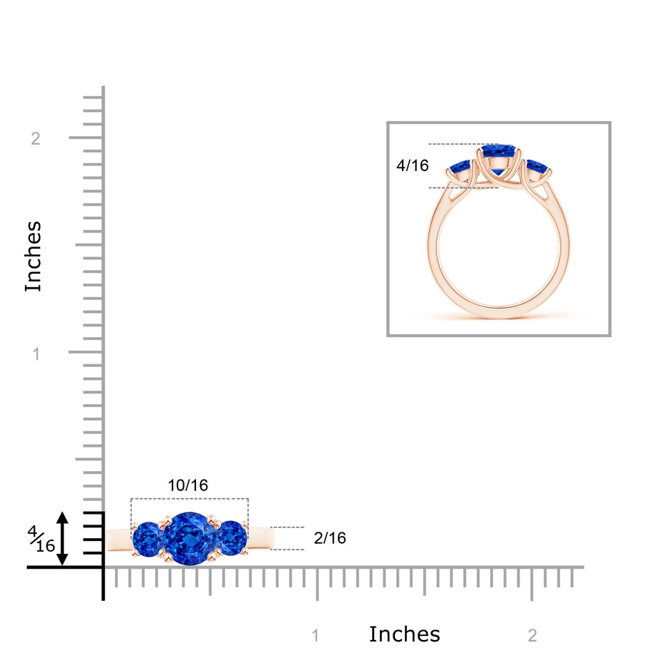 7mm AAAA Classic Round Sapphire Three Stone Ring in Rose Gold ruler
