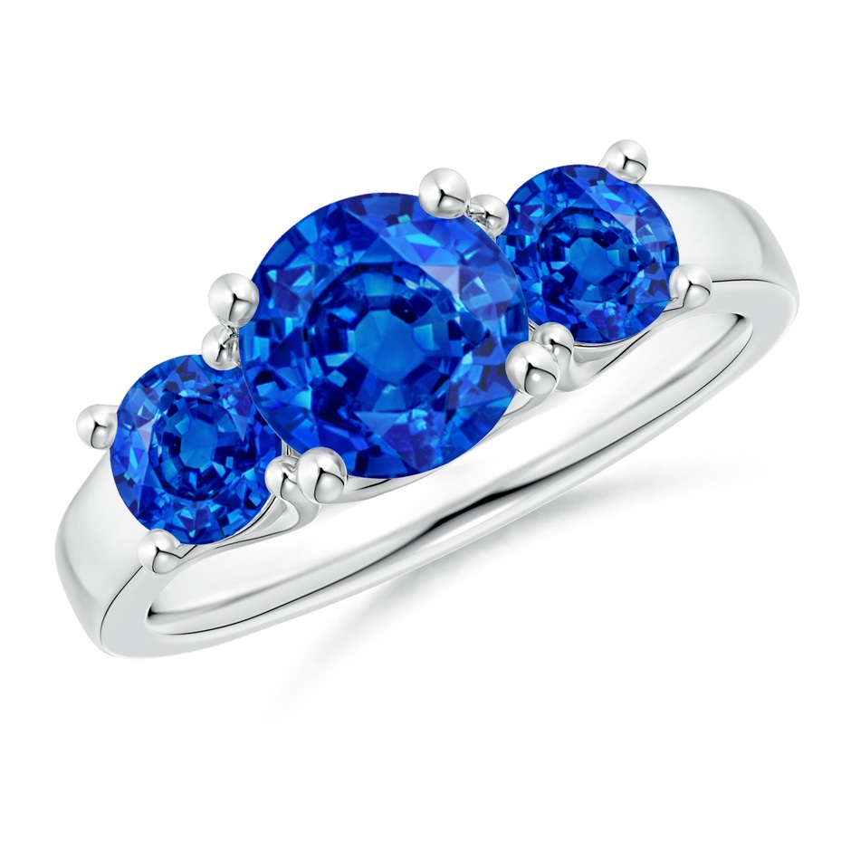 7mm AAAA Classic Round Sapphire Three Stone Ring in White Gold 