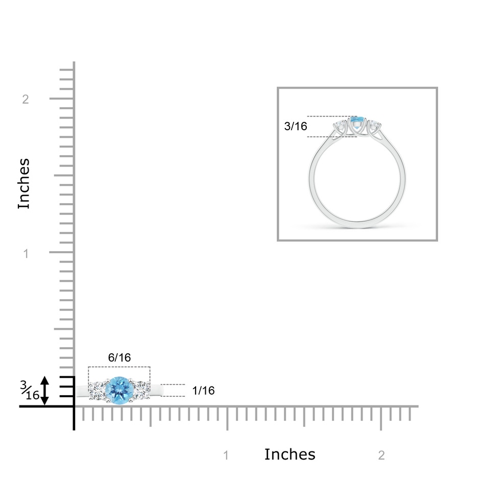 4mm A Classic Round Swiss Blue Topaz and Diamond Three Stone Ring in P950 Platinum ruler