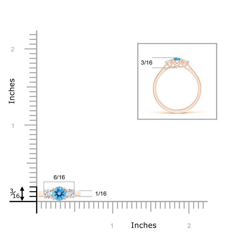 4mm AA Classic Round Swiss Blue Topaz and Diamond Three Stone Ring in Rose Gold ruler