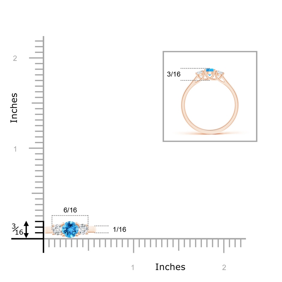 4mm AAA Classic Round Swiss Blue Topaz and Diamond Three Stone Ring in Rose Gold ruler