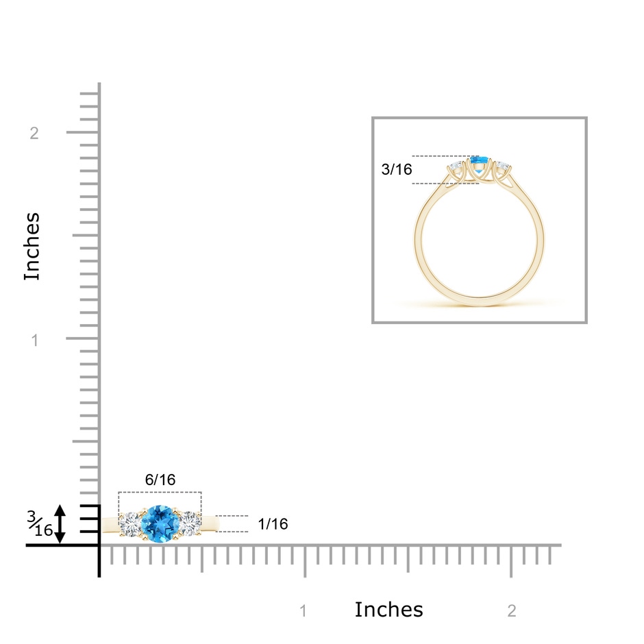 4mm AAA Classic Round Swiss Blue Topaz and Diamond Three Stone Ring in Yellow Gold ruler