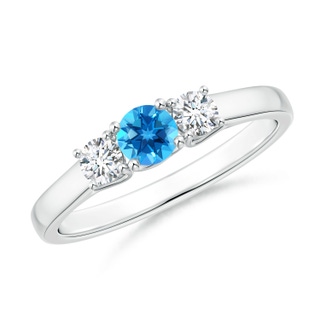 4mm AAAA Classic Round Swiss Blue Topaz and Diamond Three Stone Ring in P950 Platinum