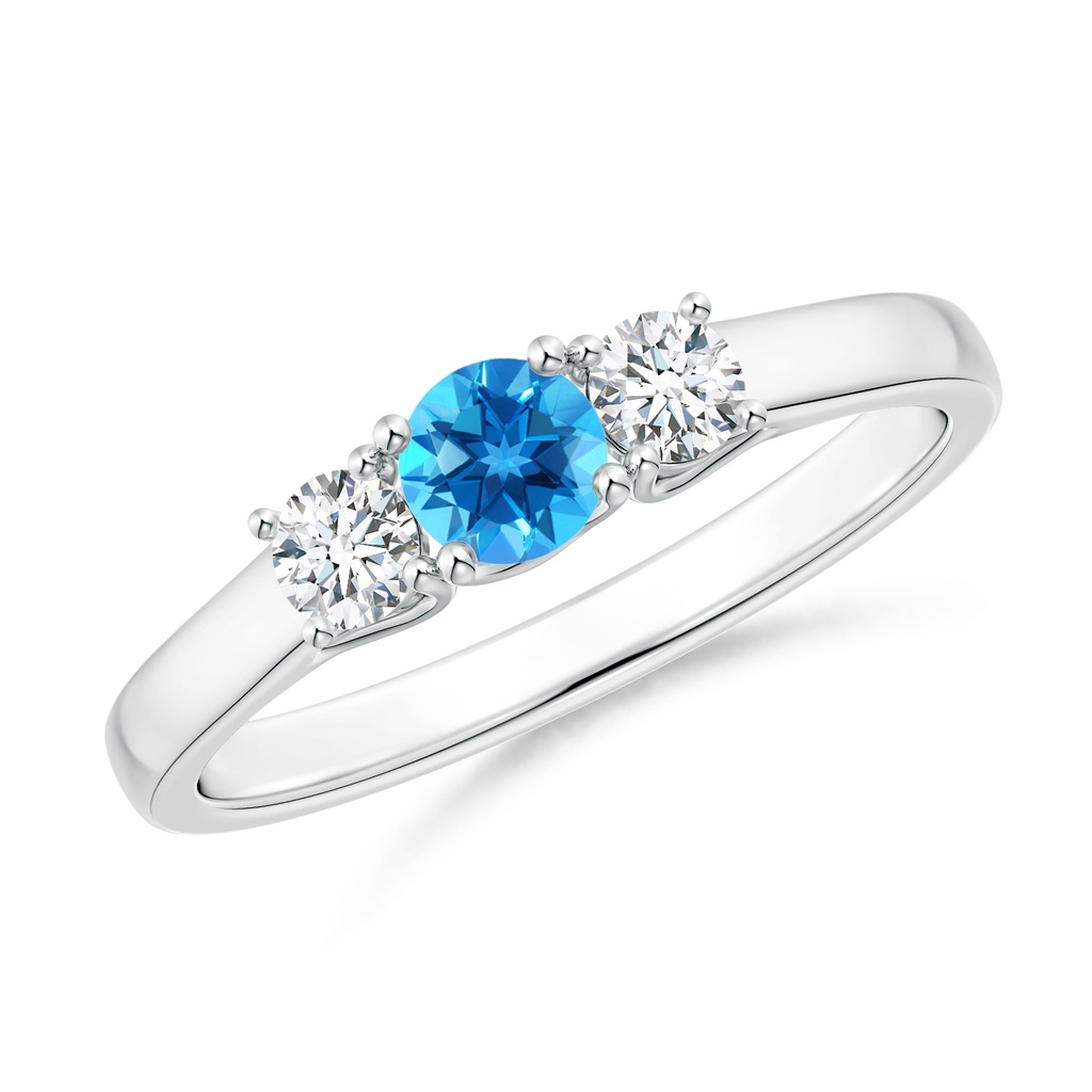 4mm AAAA Classic Round Swiss Blue Topaz and Diamond Three Stone Ring in White Gold