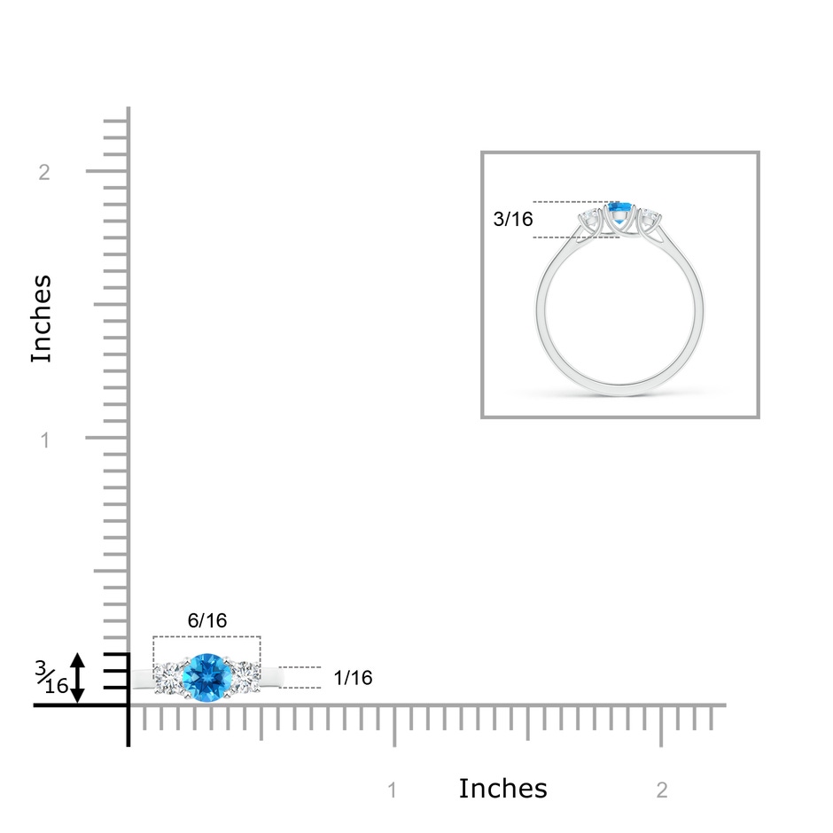 4mm AAAA Classic Round Swiss Blue Topaz and Diamond Three Stone Ring in White Gold ruler